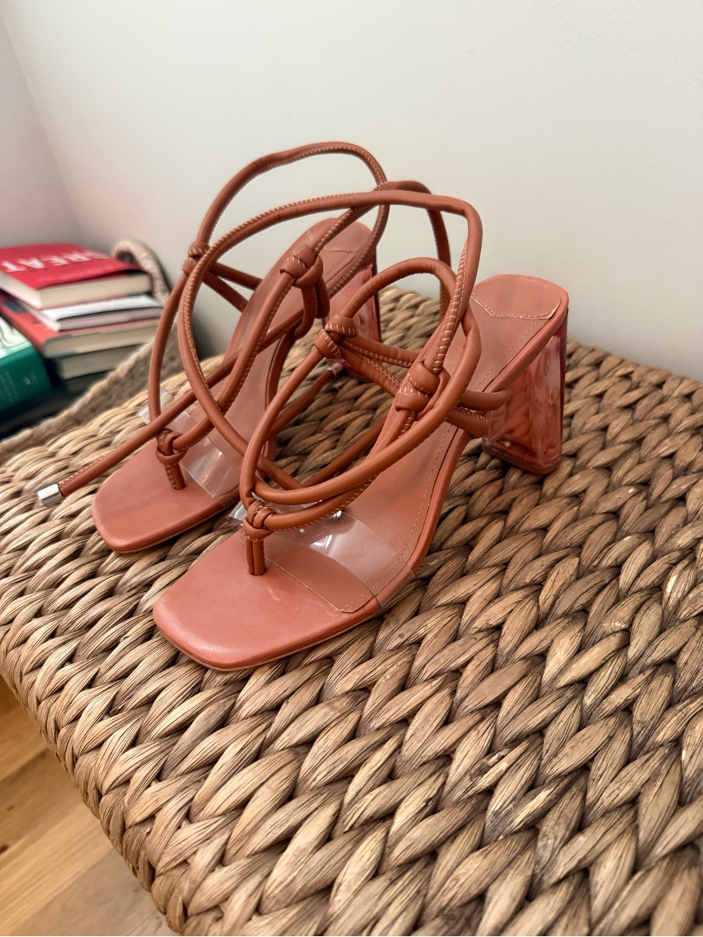 SCHUTZ Cognac Strappy Square-Toe Block Heel Sandals